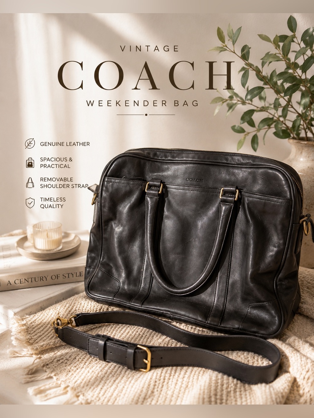 Vintage Coach Leather Briefcase Laptop Bag Black Messenger Work Bag F1269-70777